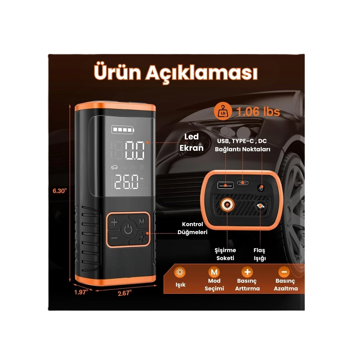 Dijital Ekranlı Enshall 5400 Mah 4ın1 Çakmaklıklı Şarjlı Taşınabilir Araç Lastik Top Şişirme Pompası Oto Hava Kompresörü